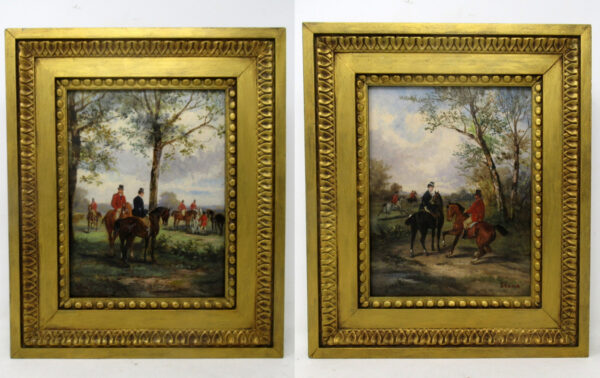 513 Sold Antique Pair English Equine Horse Hunting Oil Paintings Robert Stone Gilt Frames