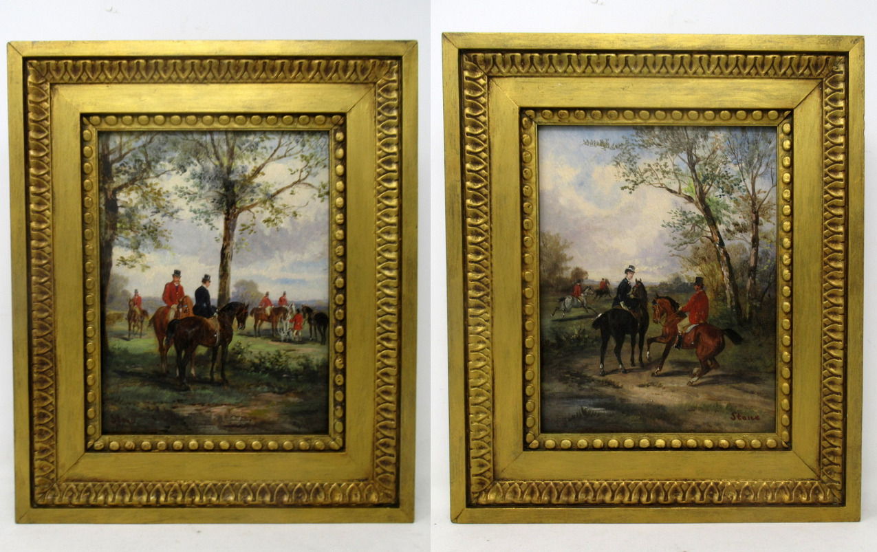 513 Sold Antique Pair English Equine Horse Hunting Oil Paintings Robert Stone Gilt Frames