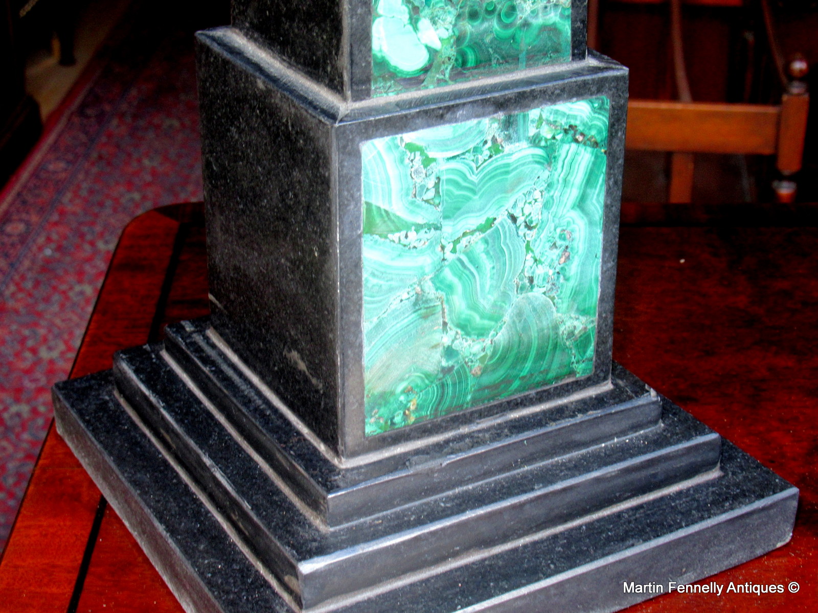 963 Pair of Black Marble and Malachite inlaid Obelisks - Image 4