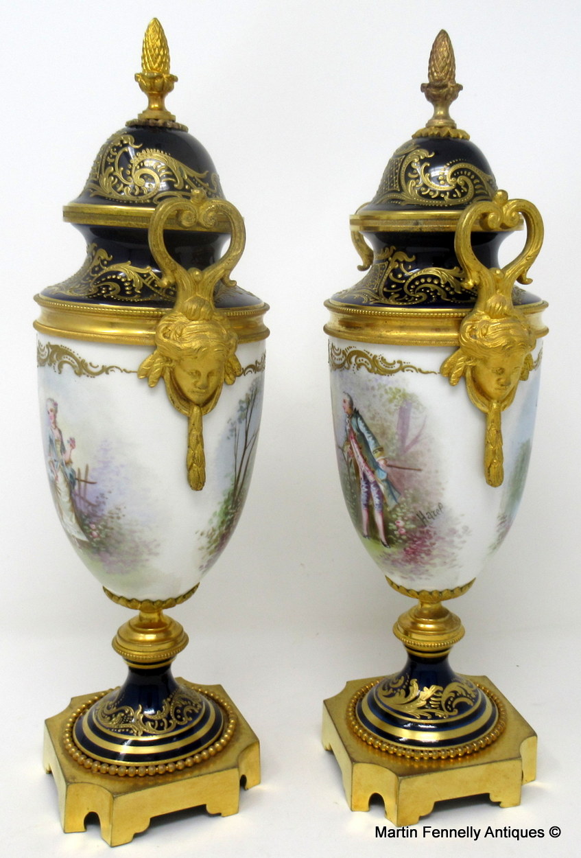 446 Sold Pair French Sevres Hand Painted Porcelain Ormolu Mounted Urns late 19thCt - Image 4