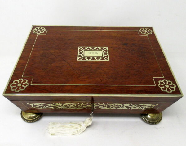592 Sold Antique English Regency Brass Inlaid Mahogany Jewellery Trinket Box Casket 19 Ct