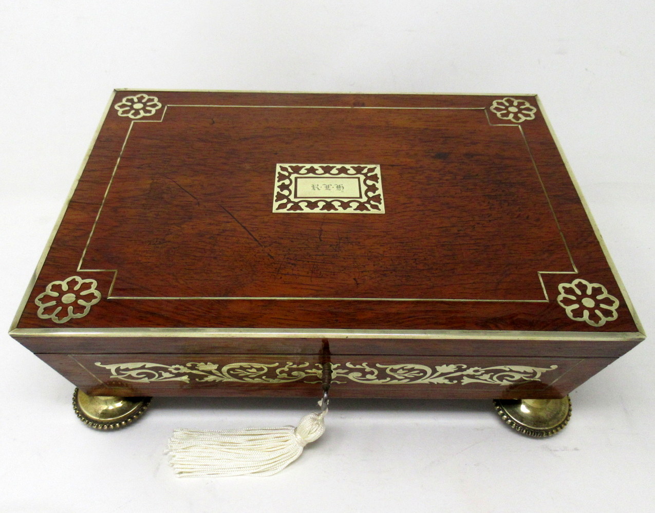 592 Sold Antique English Regency Brass Inlaid Mahogany Jewellery Trinket Box Casket 19 Ct