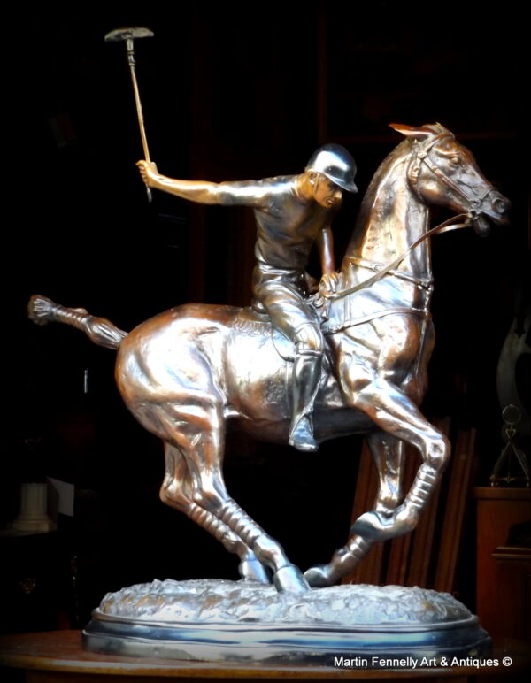 737 Sold Cast Bronze Polo Player and Horse - English - Late 20th Century