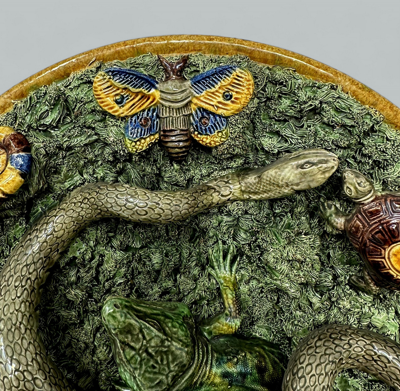 579 Sold Antique Majolica Palissy Portuguese Charger by Jose A Cunha Butterfly Snake 1905 - Image 3