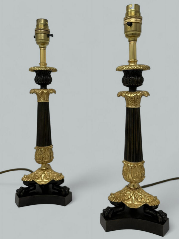 070 Sold Antique Pair French Doré Bronze Neoclassical Ormolu Gilt Candlestick Table Lamps