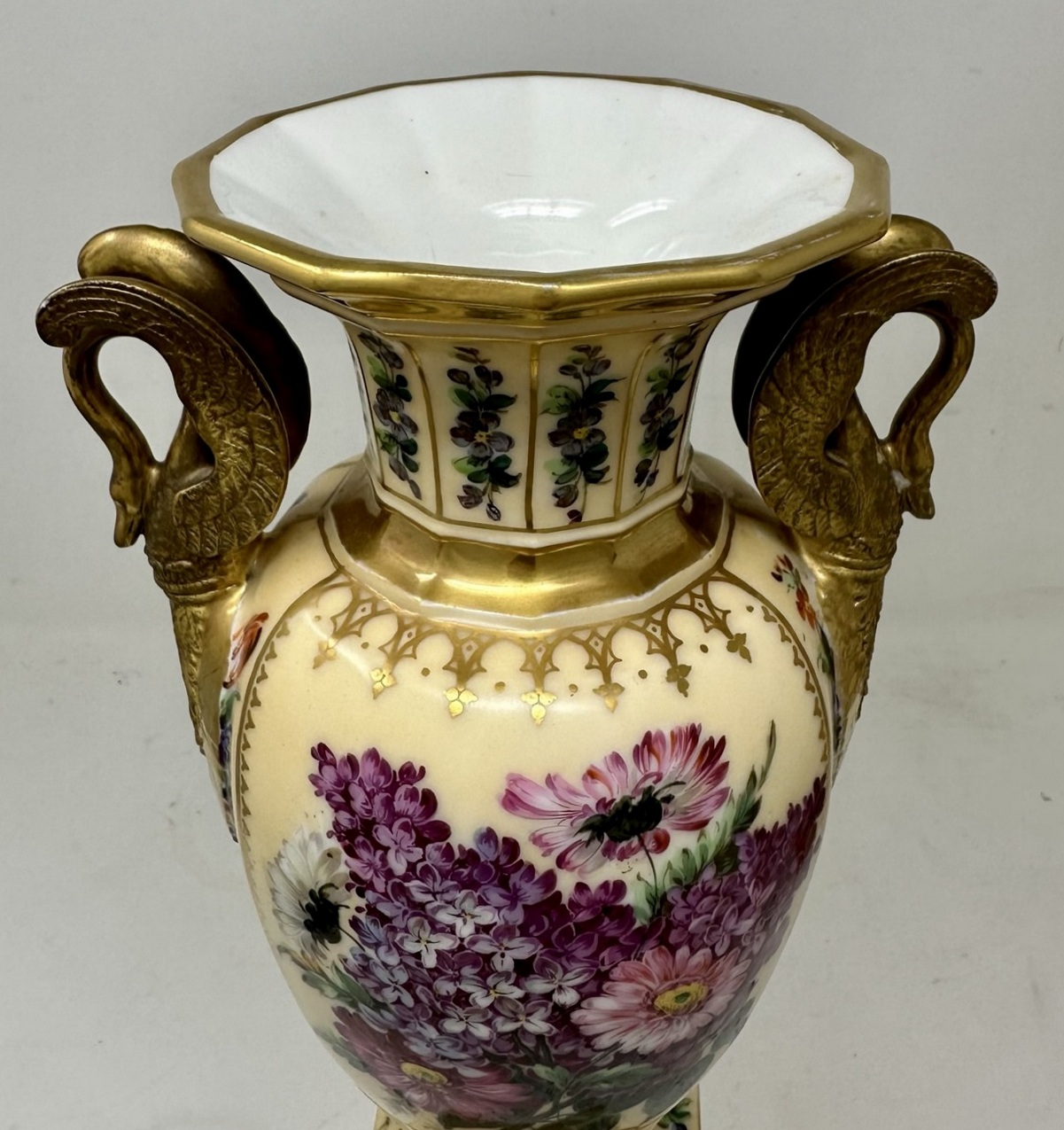 011 Antique Pair French Sèvres Style Porcelain Gilt Mounted Urns Vases Centerpieces - Image 7