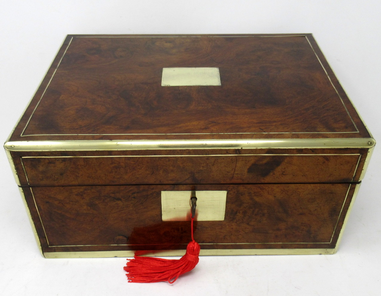 909 Antique Victorian Brass Burl Walnut Traveling Desk Wooden Writing Slope Box 19Ct