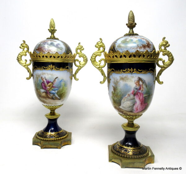 398 Sold Sèvres Porcelain Watteau Scene Ormolu Cobalt Blue Urns Vases 19th Century Pair
