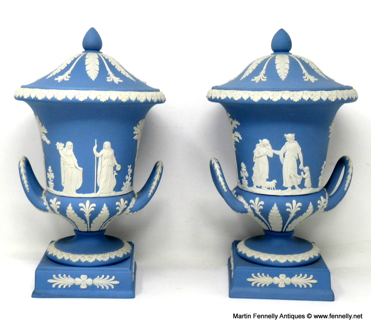 307 Antique Pair of Blue Wedgwood Jasperware Ceramic Urns Vases Mythological Classical Scenes - Image 2