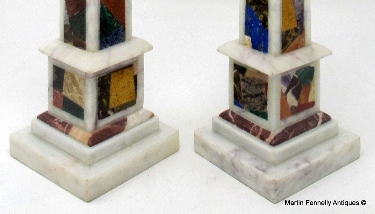 589 Sold Fine Pair Marble Obelisks inlaid Malachite Lapis Lazuli early 20thCt - Image 5