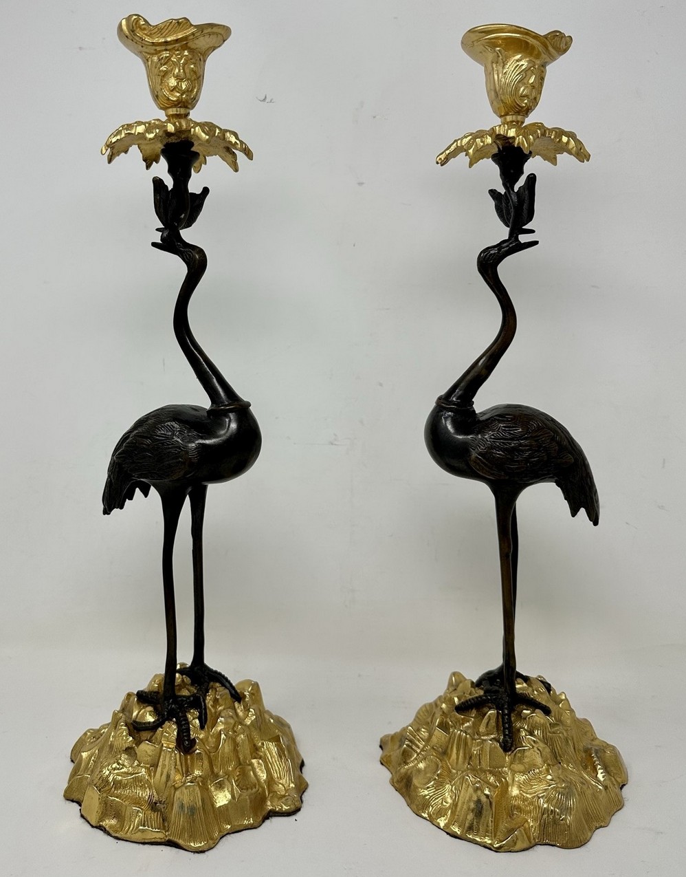 249 Sold Pair English Ormolu Gilt Bronze Candlesticks Storks Cranes Attributed to Abbott - Image 2
