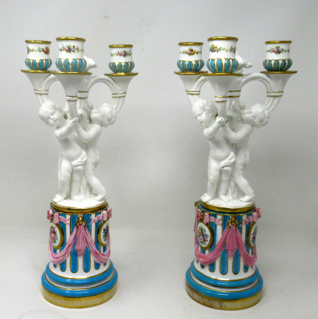 330 Antique Pair Minton Staffordshire Porcelain Candelabra Centerpieces Cherub 19C - Image 3