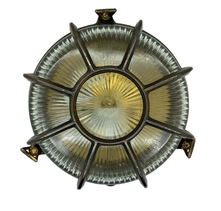 382 Sold Large Radial Porthole Light - External - Brass - Prismatic Diffuser