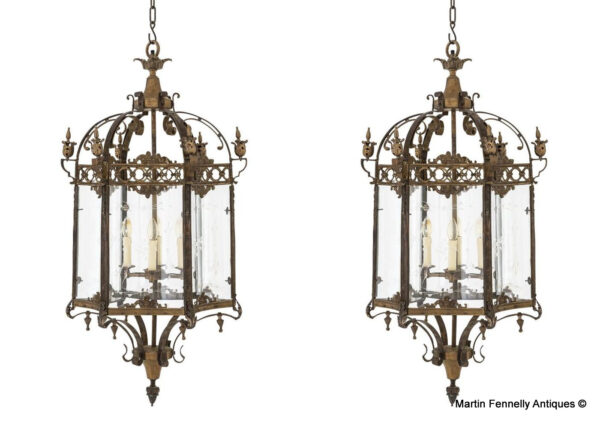 M066 Sold Pair Vintage Hanging Lanterns - Antique Brass