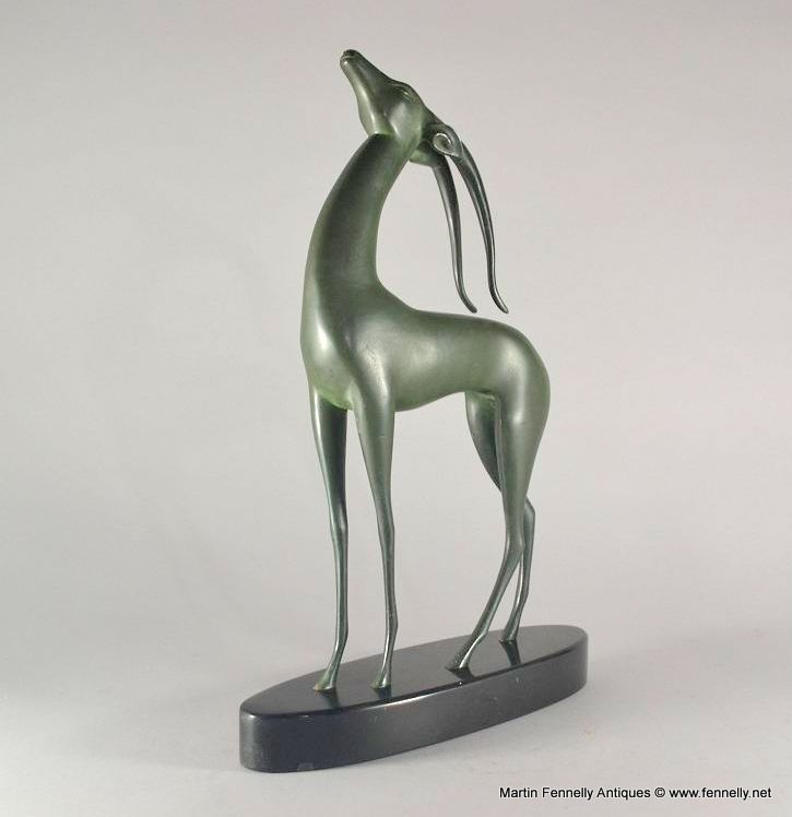 819 Sold Art Deco Bronze - Antelope on Marble Base - Signed Boisnoir
