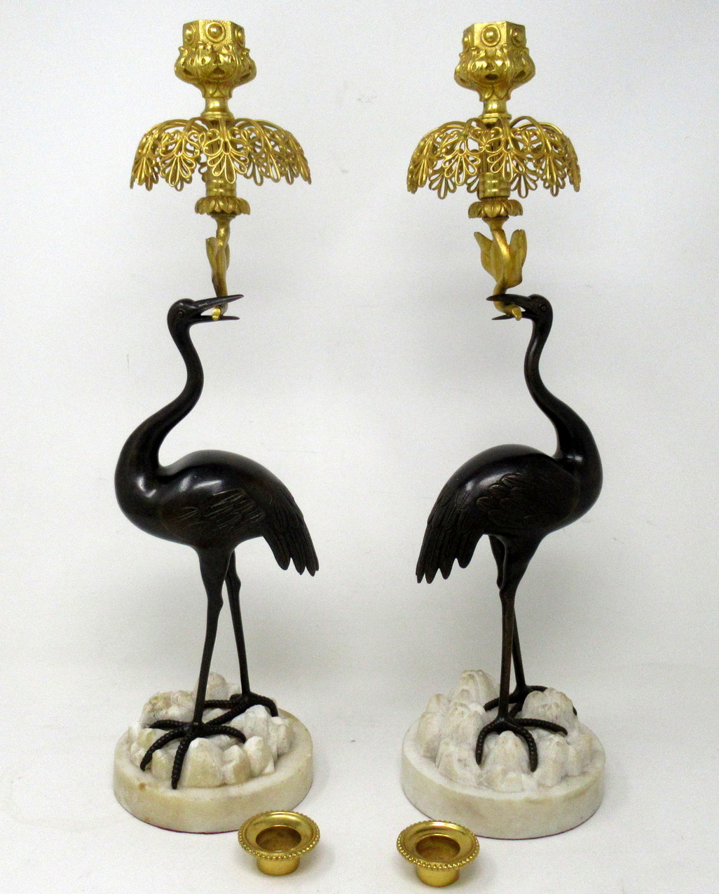 455 Sold Antique Pair of English Ormolu Gilt Bronze Candlesticks Storks Cranes by Abbot - Image 4