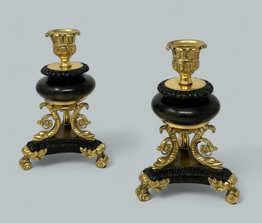 431 Sold Antique Pair French Ormolu Gilt Bronze Dore Empire Candlesticks with Dolphins - Image 4
