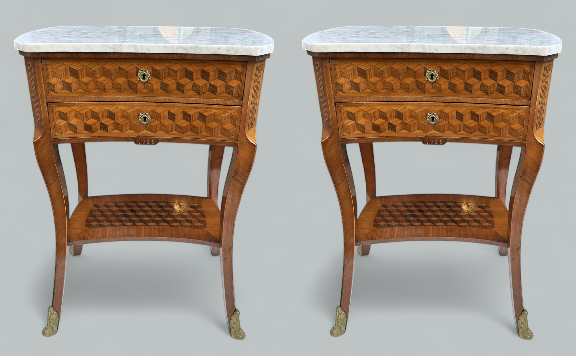 470 Sold Antique French Marquetry Marble Top Kingwood Bedside Cabinets Locker Nightstands