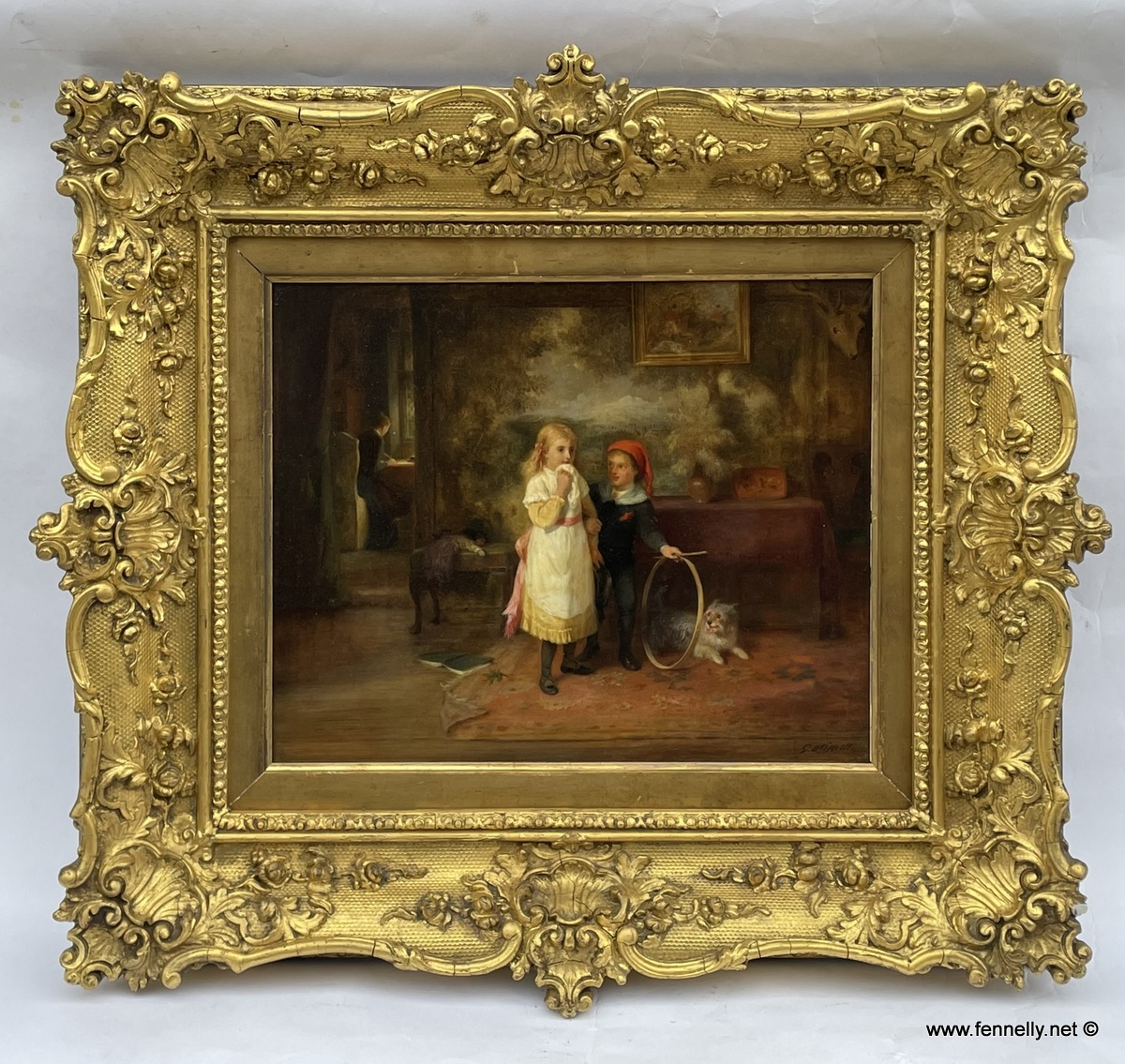 105 Sold George Bernard O'Neill - Oil on Board - Lets Play - Image 2