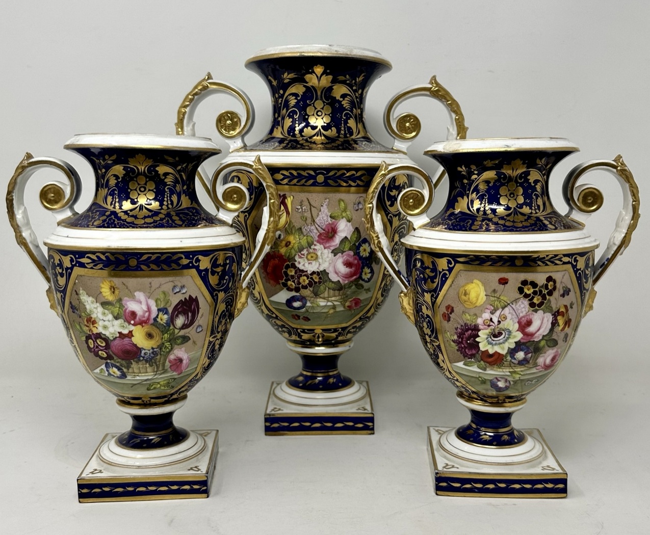 317 Antique Garniture English Royal Crown Derby Porcelain Vases by Thomas Steel 19C