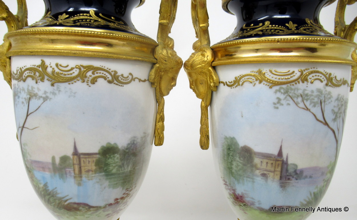 446 Sold Pair French Sevres Hand Painted Porcelain Ormolu Mounted Urns late 19thCt - Image 9