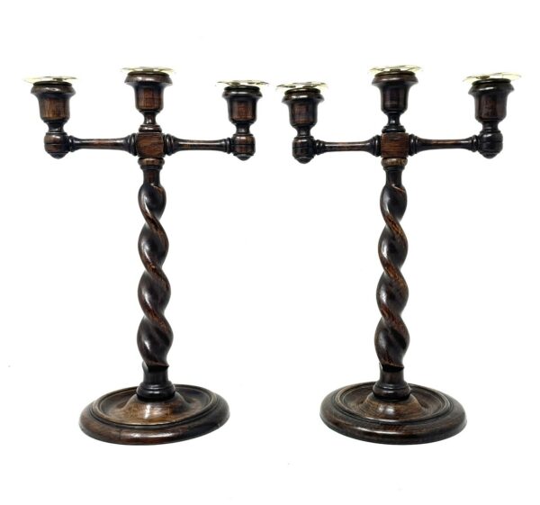 771 Sold Rare Pair of Thrre Light Oak Candelabra - Circa 1900