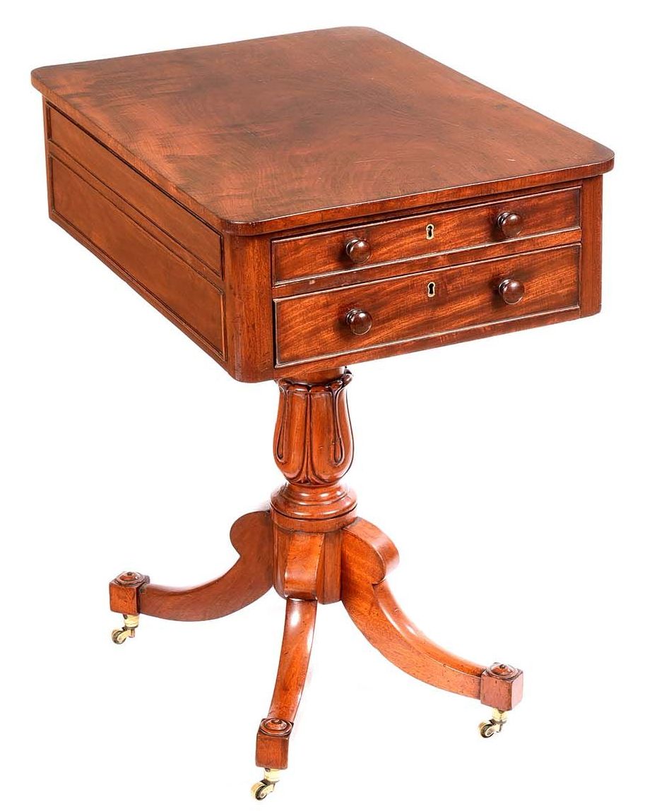 787 Sold English Regency Flame Mahogany Work Lamp Table 19th Century