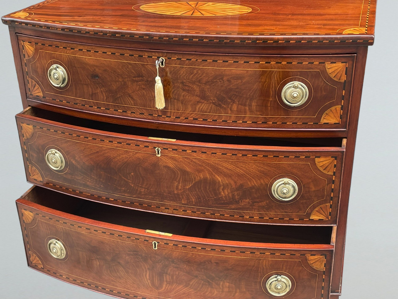 977 Sold Georgian Mahogany Satinwood Bow Front Chest Drawers Sheraton Period 18th Century - Image 3