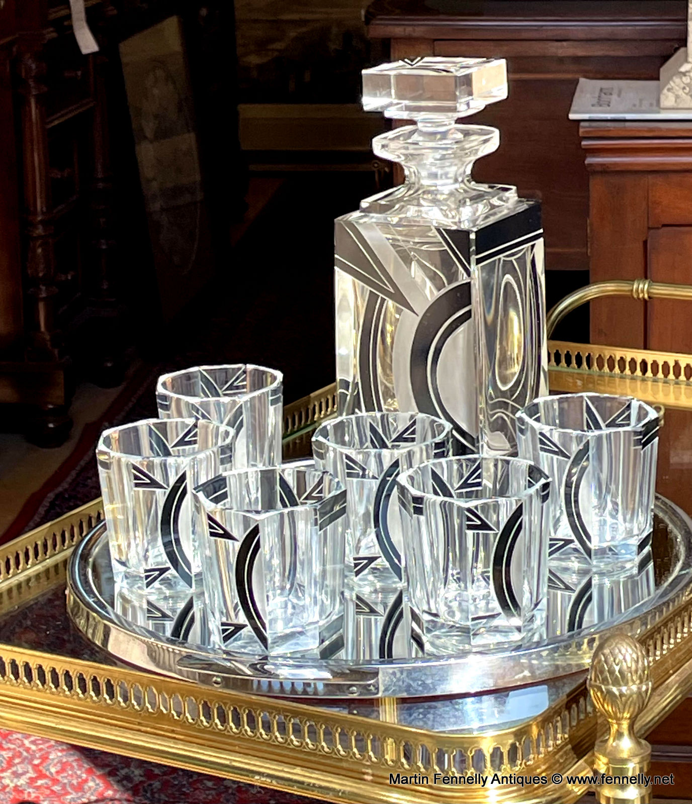 525 Sold Rare Art Deco Whiskey Crystal Decanter set and Tray- Karl Palda 1930's