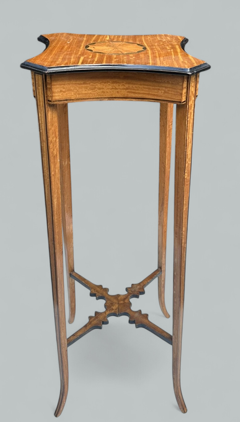 364 Antique Pair Sheraton Revival Edwardian Inlaid Satinwood Wine Tables Torcheres - Image 2