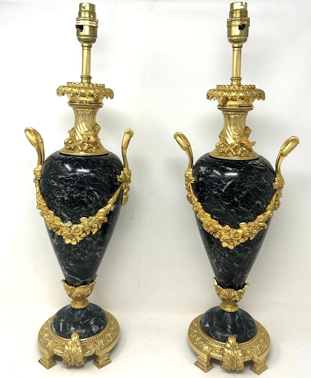 528 Sold Antique Pair French Green Verde Marble Ormolu Dore Bronze Electric Table Lamps