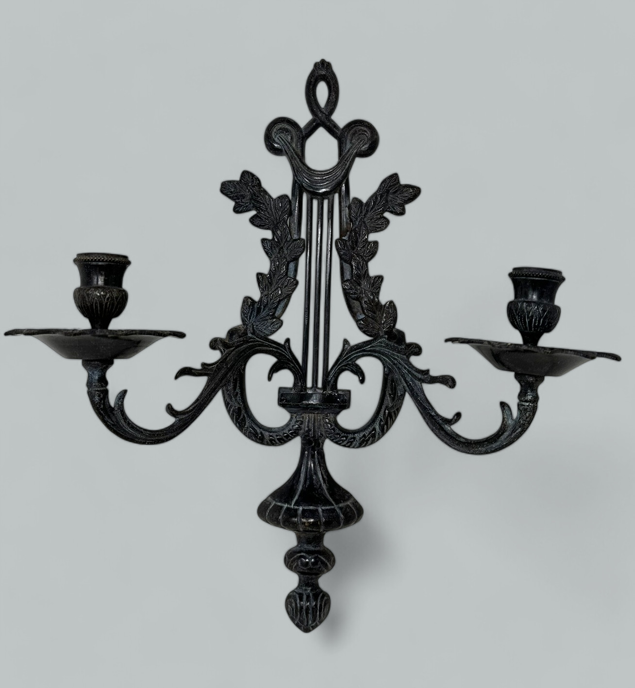 077 Sold Antique Set Six Patinated Bronze French Twin Light Wall Candle Sconces Appliques - Image 3