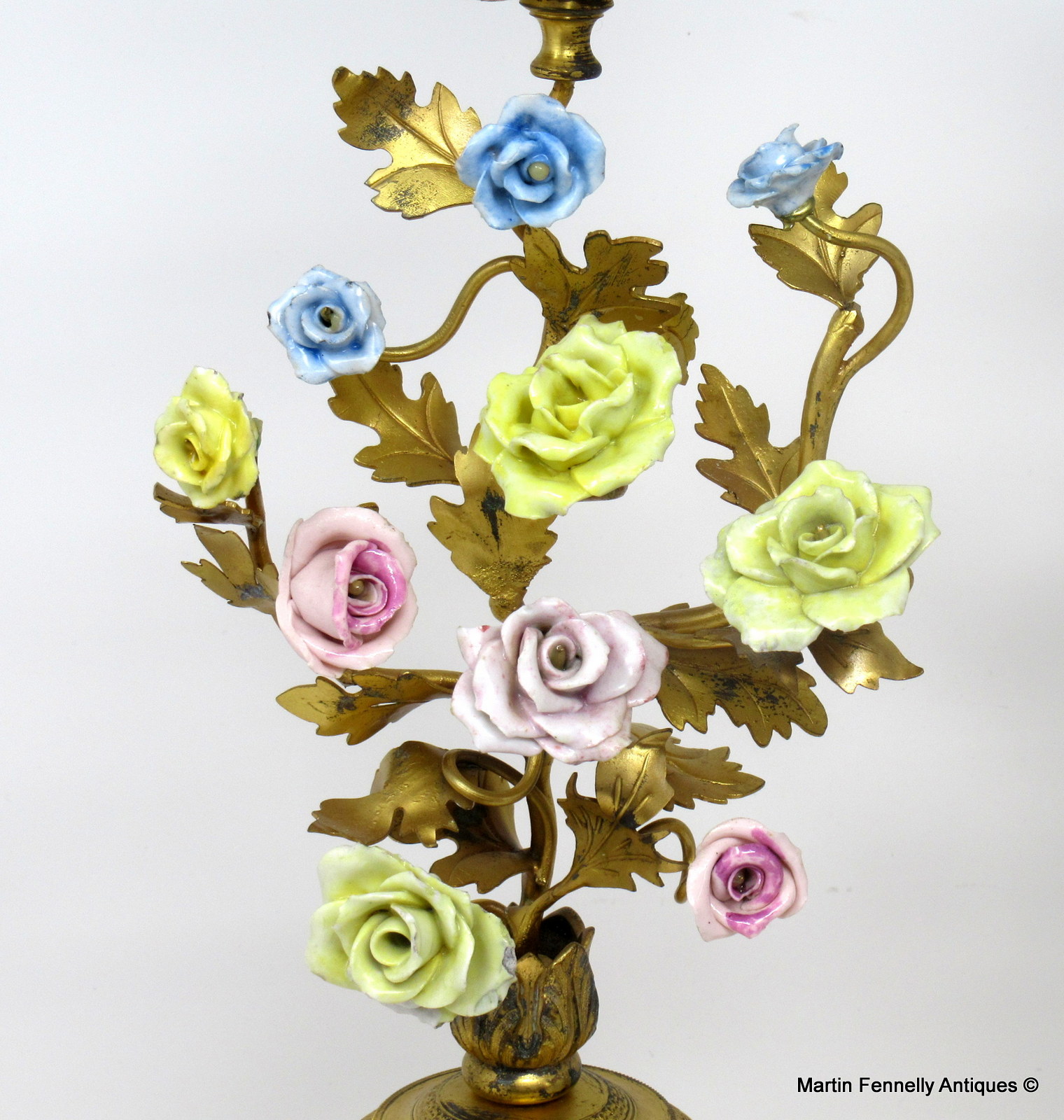 384 Sold Superb Pair of French First Empire Candlesticks- Ormolu and Porcelain Flowers Circa 1810 - Image 3