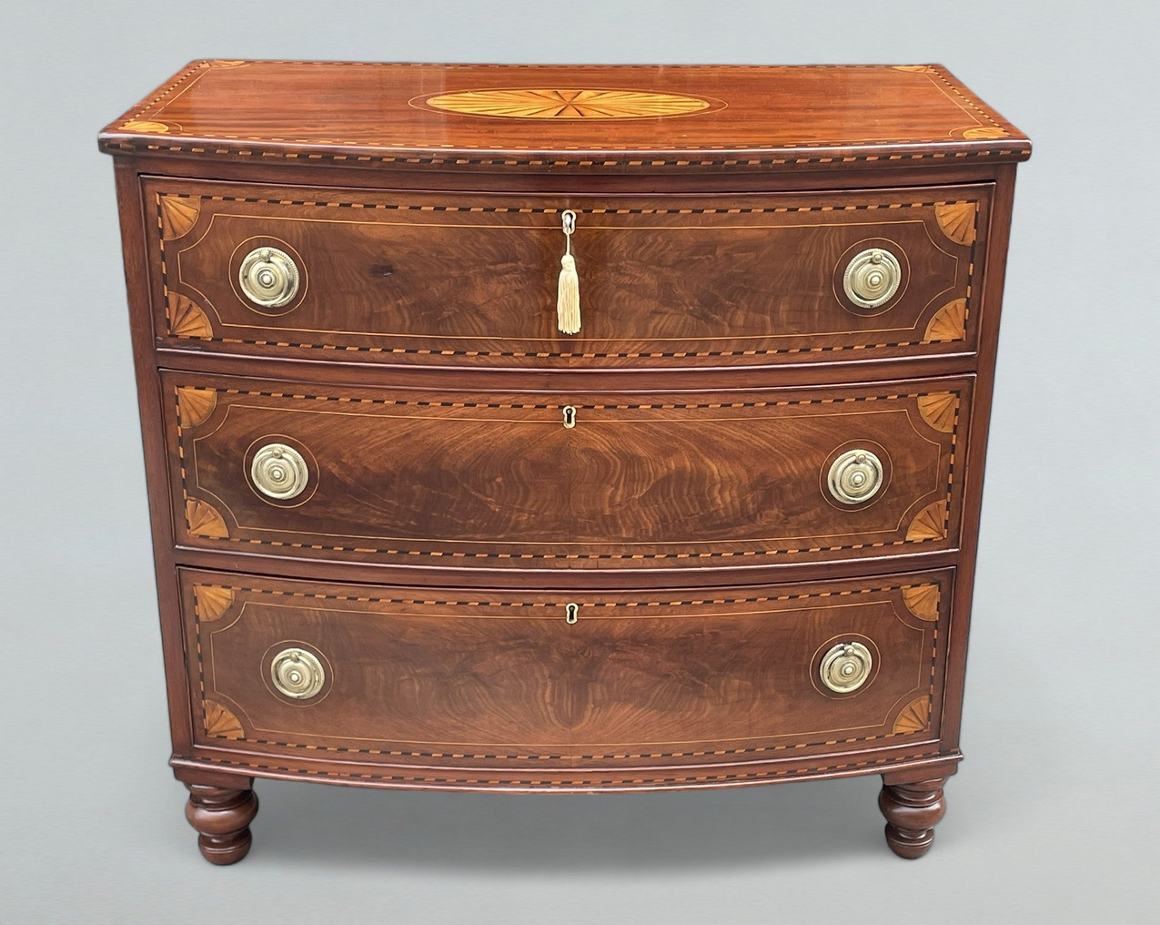 977 Sold Georgian Mahogany Satinwood Bow Front Chest Drawers Sheraton Period 18th Century - Image 2