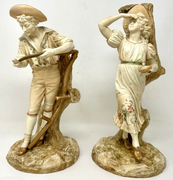 159 Sold Antique Pair English Porcelain Royal Worcester James Hadley Blush Figures 19thCt