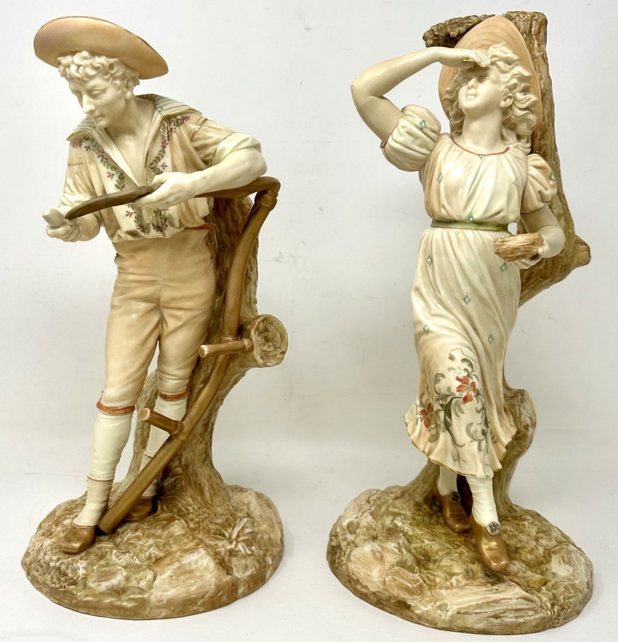 159 Sold Antique Pair English Porcelain Royal Worcester James Hadley Blush Figures 19thCt