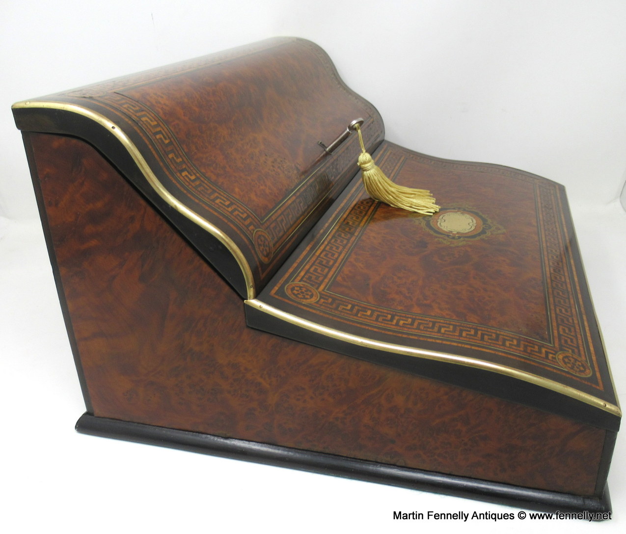 550 Sold Antique Victorian Brass Burl Walnut Traveling Desk Wooden Writing Slope Box 19Ct - Image 5