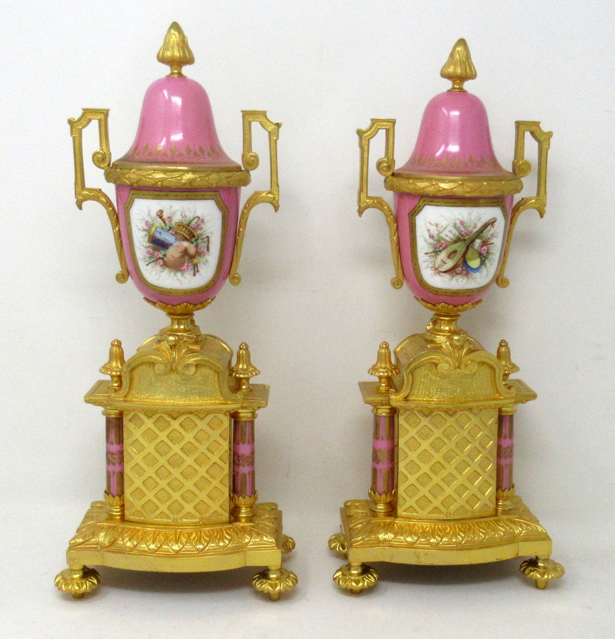 195 Sold Antique Pair of Sèvres Porcelain Watteau Scene Gilt Bronze Landscape Urns Vases - Image 5