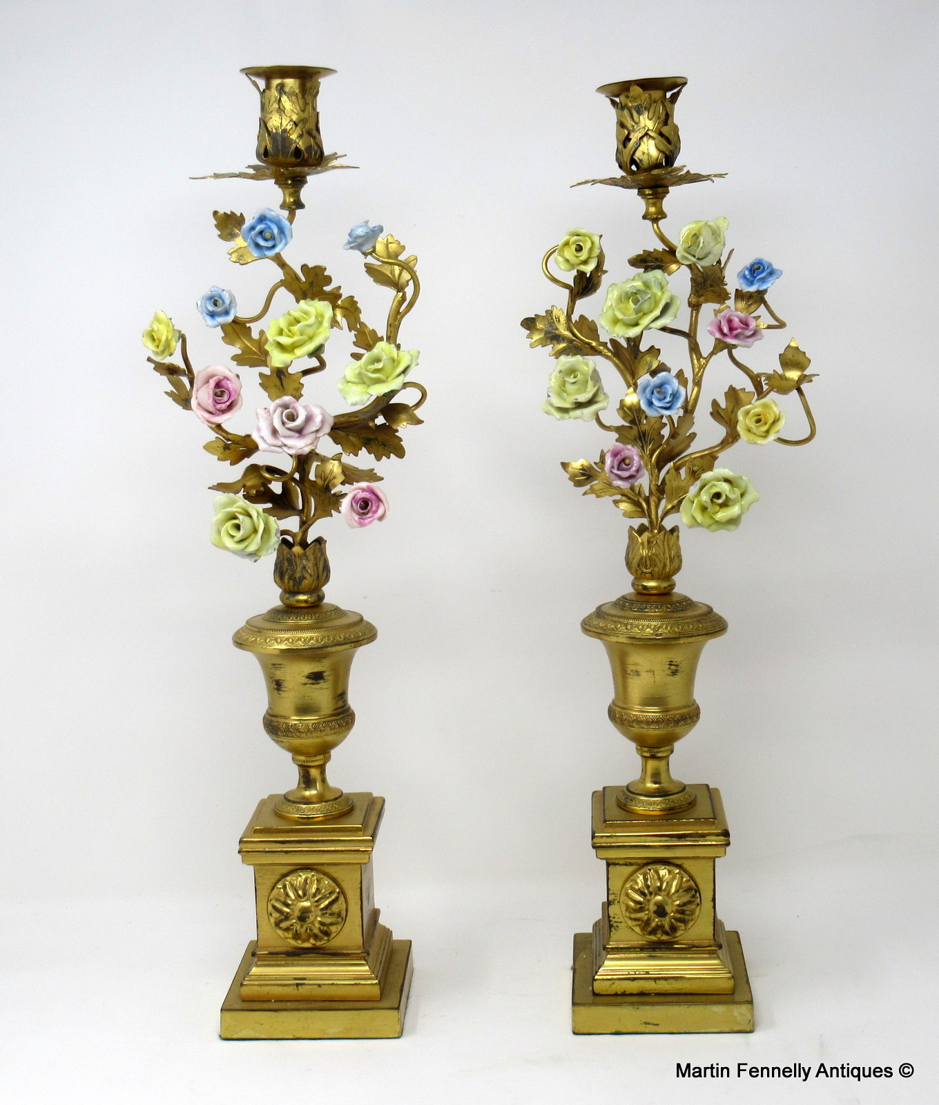 384 Sold Superb Pair of French First Empire Candlesticks- Ormolu and Porcelain Flowers Circa 1810 - Image 2