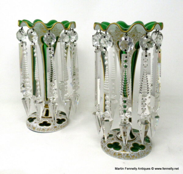 713 Sold Antique Crystal Bohemian Emerald Green Enamel Pair Lusters Lustres Candlesticks