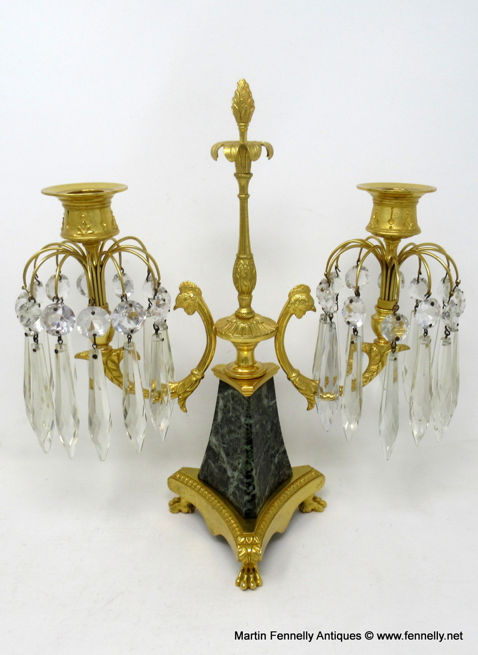 652 Sold Antique Pair Ormolu Bronze Marble Crystal Twin Branch Candelabra French Lusters - Image 4