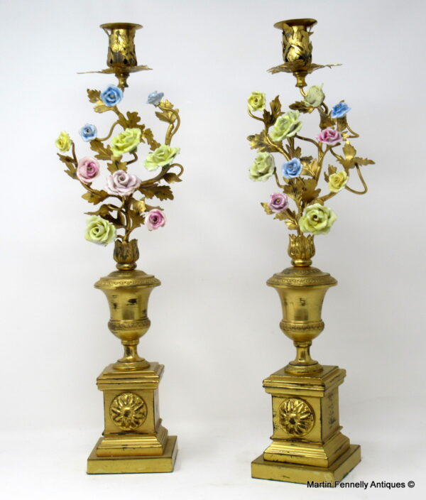 384 Sold Superb Pair of French First Empire Candlesticks- Ormolu and Porcelain Flowers Circa 1810