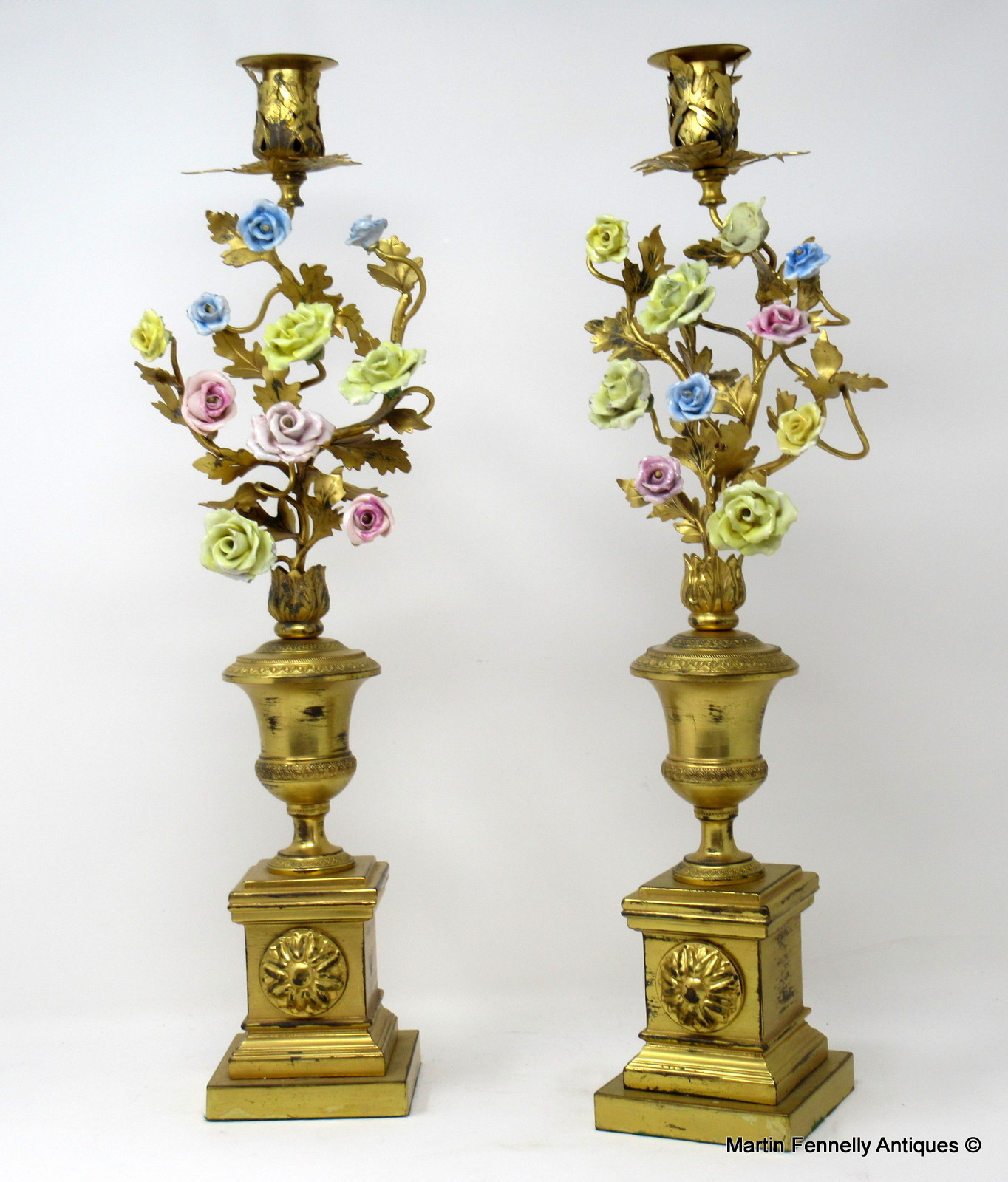 384 Sold Superb Pair of French First Empire Candlesticks- Ormolu and Porcelain Flowers Circa 1810
