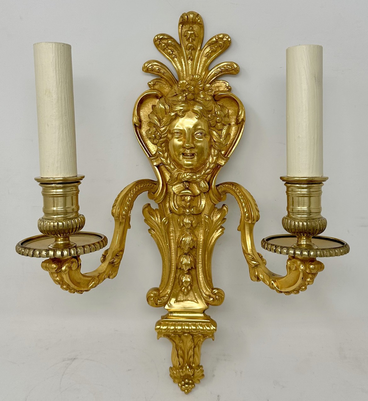 697 Sold Antique Pair Ormolu Gilt Bronze Twin Light Wall Candle Sconces Appliques 19th Ct - Image 4