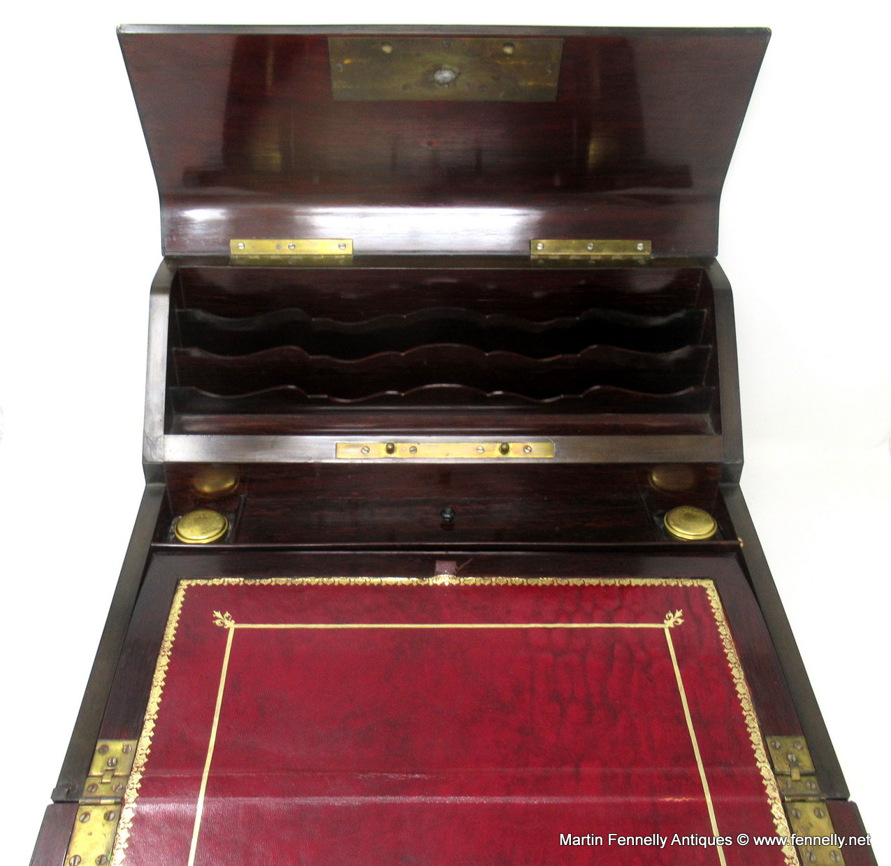 550 Sold Antique Victorian Brass Burl Walnut Traveling Desk Wooden Writing Slope Box 19Ct - Image 2