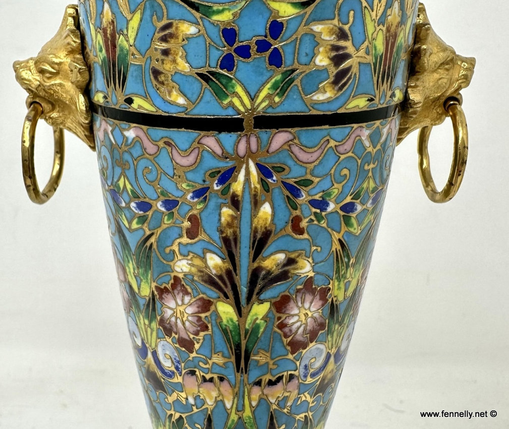 710 Sold Antique Pair French Cloisonne Champlevé Enamelwork Ormolu Gilt Bronze Vases Urns - Image 4