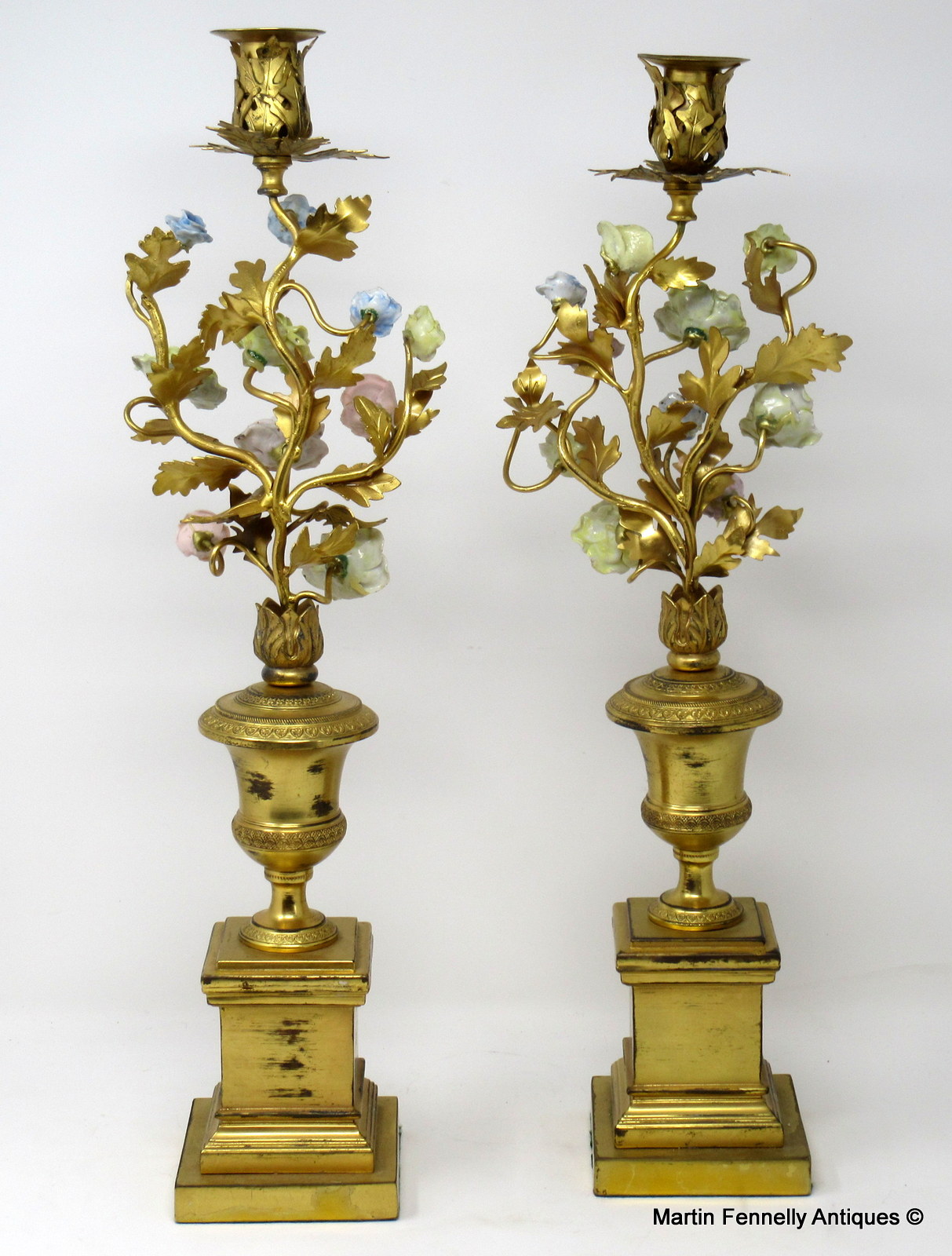 384 Sold Superb Pair of French First Empire Candlesticks- Ormolu and Porcelain Flowers Circa 1810 - Image 5