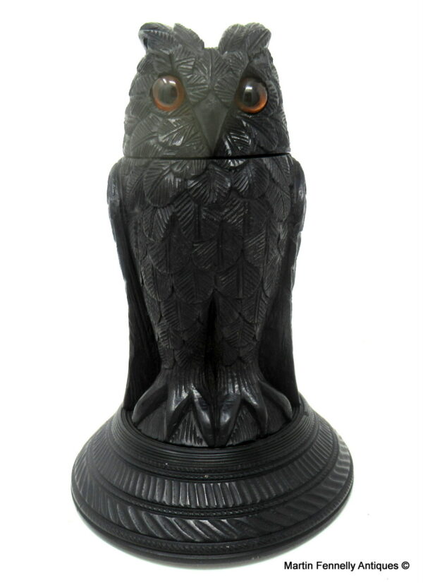 536 Sold Fine Irish Bog Oak Hand Carved Owl poss. by Cornelius Goggin 19thCt