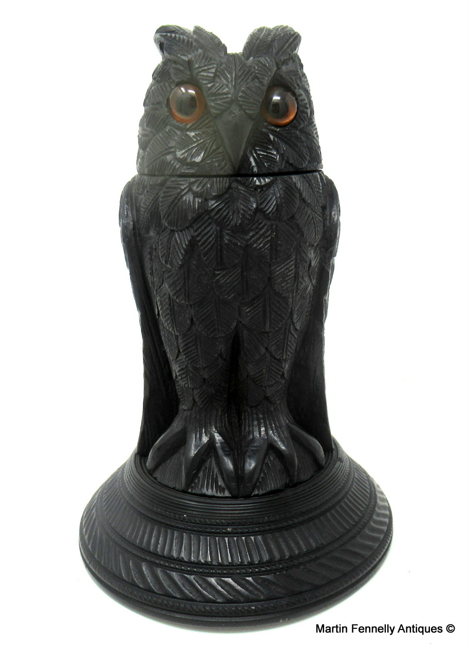 536 Sold Fine Irish Bog Oak Hand Carved Owl poss. by Cornelius Goggin 19thCt