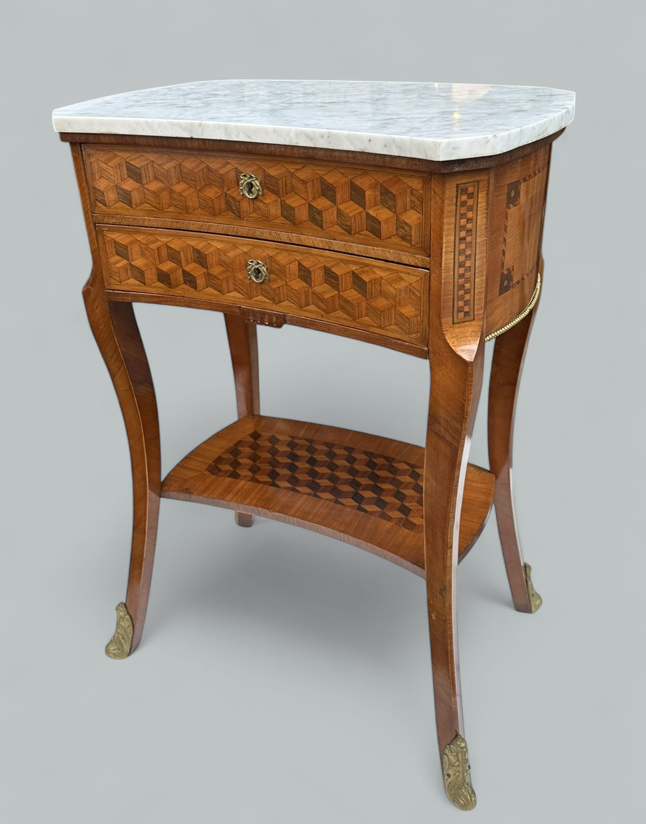 470 Sold Antique French Marquetry Marble Top Kingwood Bedside Cabinets Locker Nightstands - Image 6